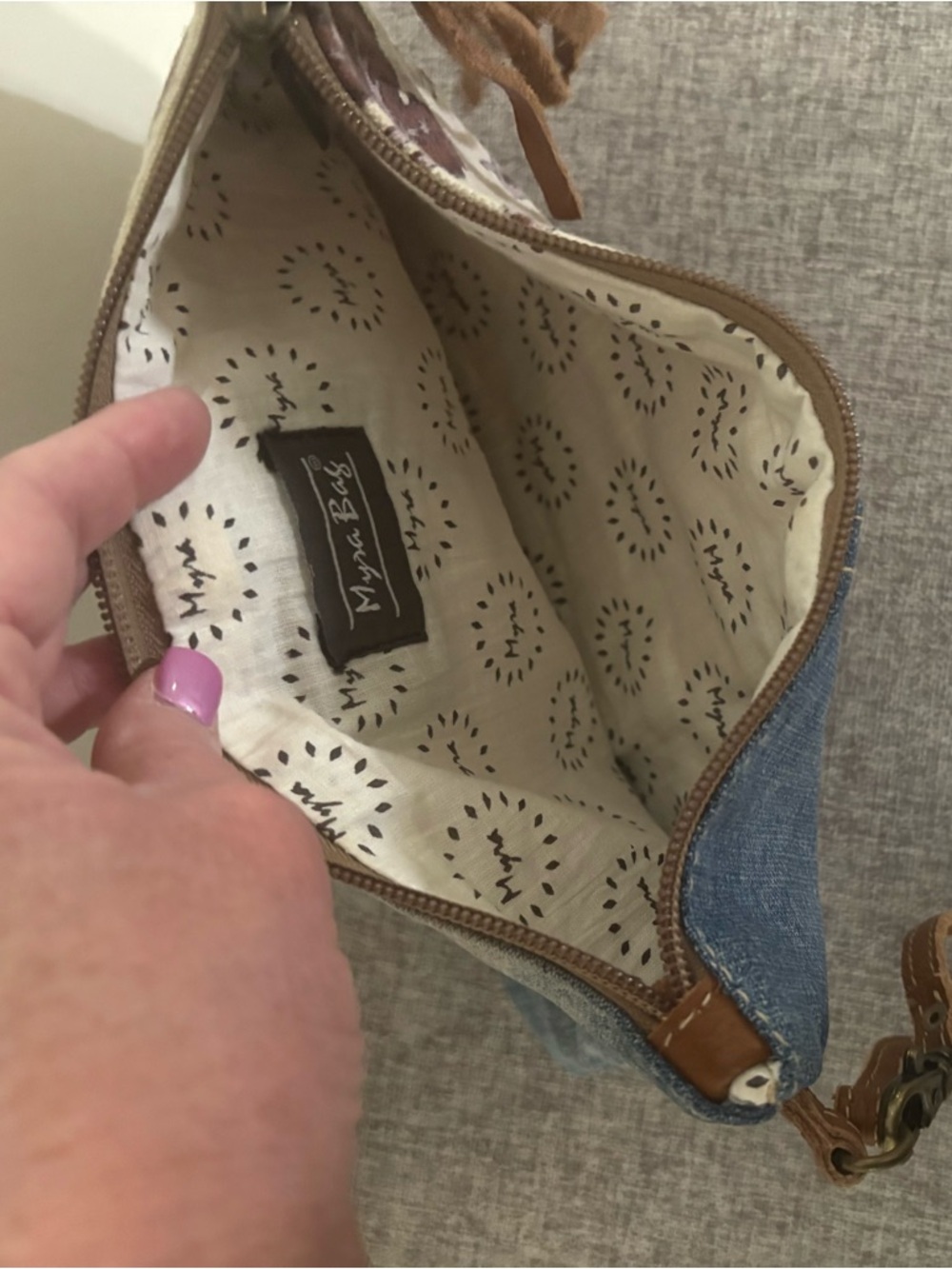 Myra Bag Floral Patchwork Denim & Brown Wristlet - Picture 5 of 5